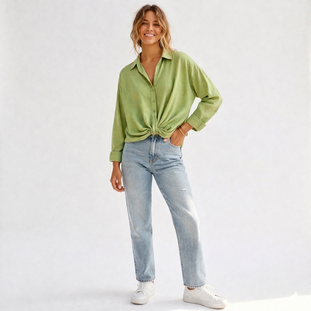 YFB Linen Twist Front Top Green Button Up Shirt Womens Medium Coastal Minimalist